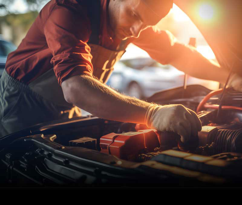 A mechanic is inspecting the engine of a car with its hood raised.