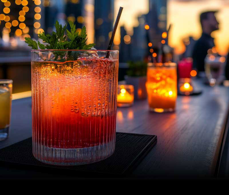 A refreshing cocktail on a candlelit rooftop bar, with the cityscape at sunset in the background.