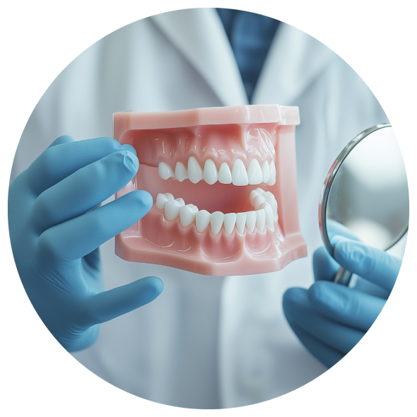 A dentist, wearing blue gloves, is holding a medical model of teeth and a hand mirror.