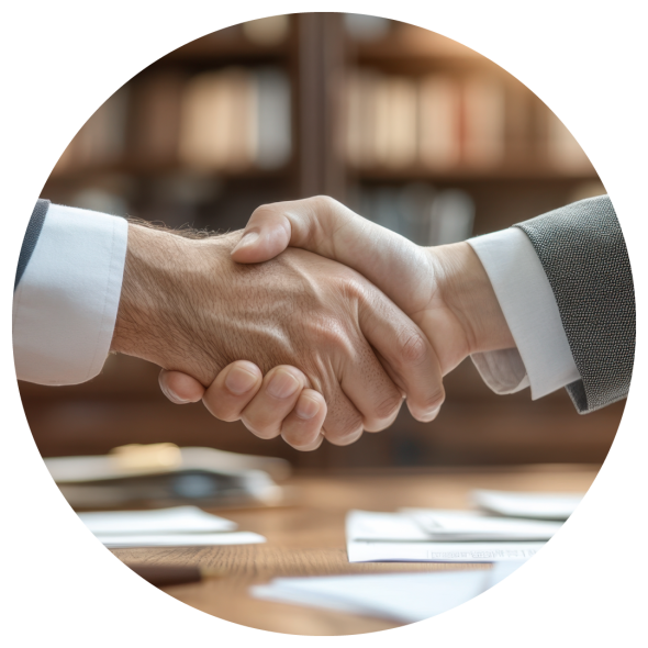 A close-up photo of a handshake between two men in suits, set in an office with a large bookshelf filled with books in the background.