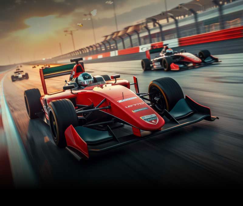 A red Formula 1-style race car driving on an enclosed race track toward the camera, with other cars in hot pursuit.