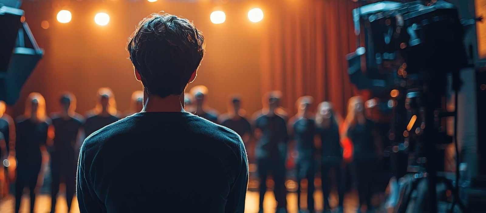 A male actor stands on stage, bathed in bright stage lights, with fellow cast members nearby.
