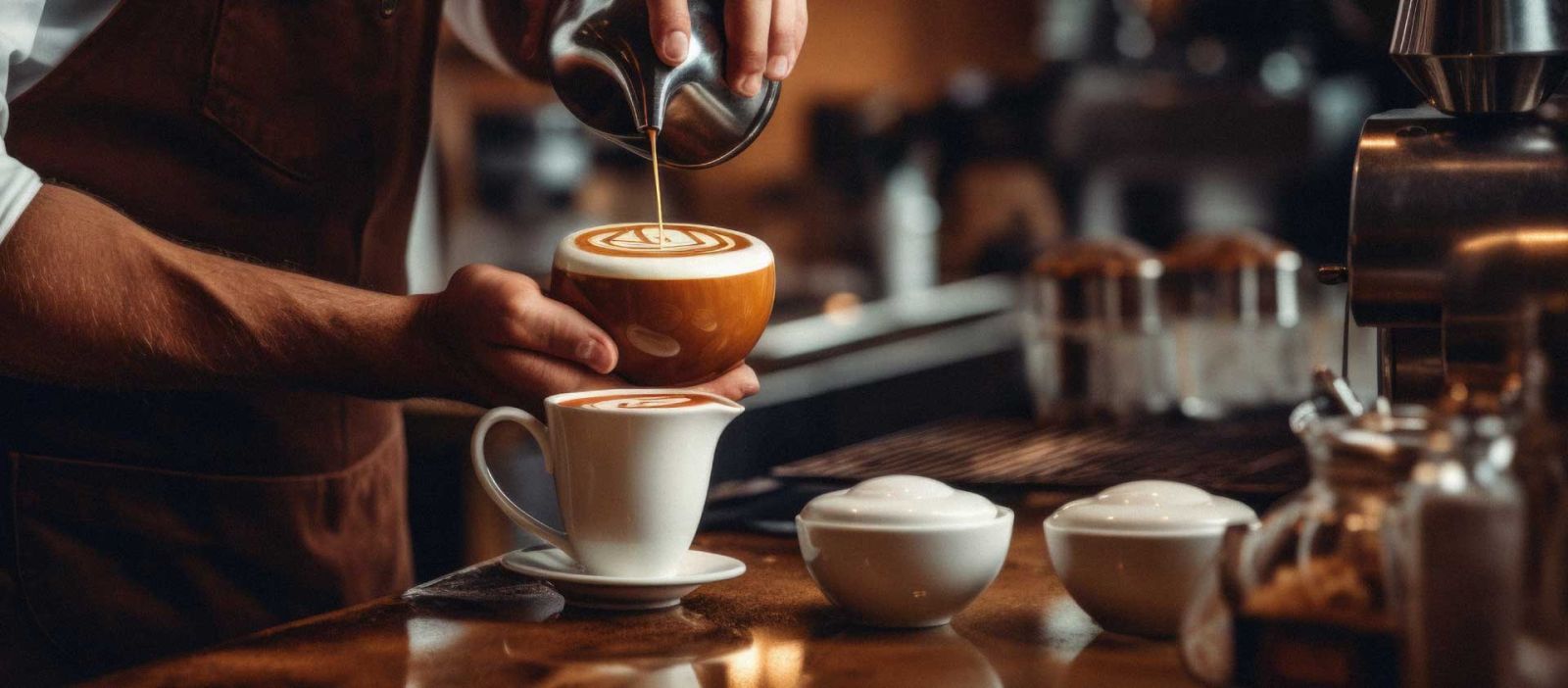 A barista pouring a design into the foam of a specialty coffee drink.